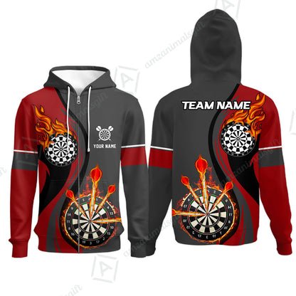 Custom Tailored Fire Flames Darts Team Jersey Polo Quarter-Zip Shirts, Customized Name Team Name Darts Team Jerseys Uniform