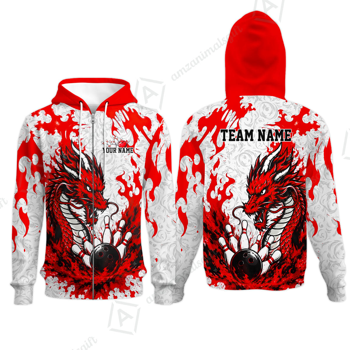 Custom Bowling Jersey Polo Shirt, Fierce Crimson Fire Dragon Strike, Custom Bowling Jersey Team Shirt For Players With Name and Team Name