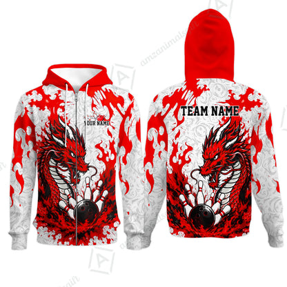 Custom Bowling Jersey Polo Shirt, Fierce Crimson Fire Dragon Strike, Custom Bowling Jersey Team Shirt For Players With Name and Team Name