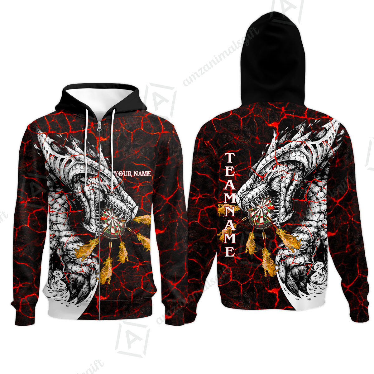 Customized Darts Team Zip Hoodie, Darts And Dragon With Magma Personalized Zip Hoodie For Darts Players
