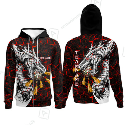 Customized Darts Team Zip Hoodie, Darts And Dragon With Magma Personalized Zip Hoodie For Darts Players