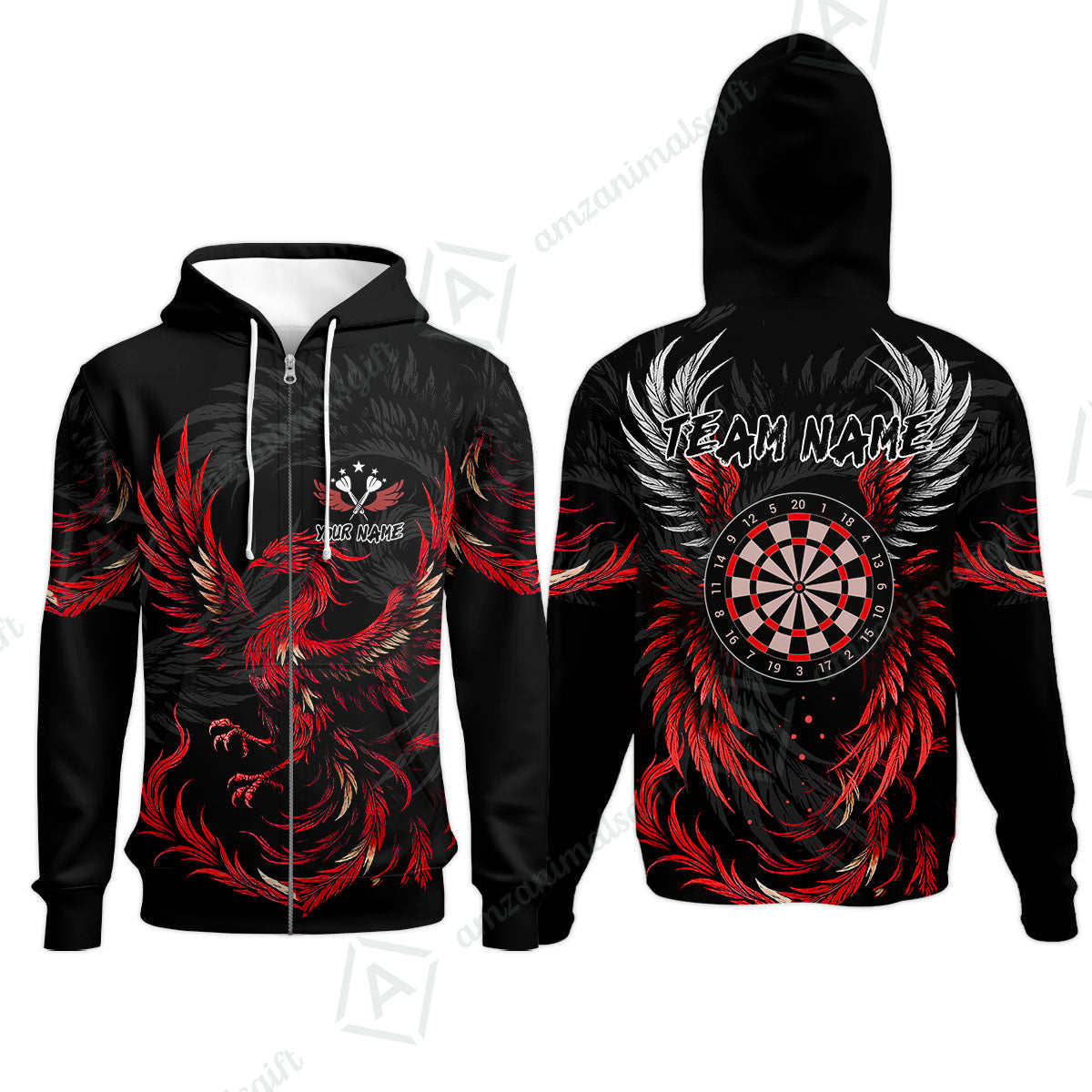 Custom Darts Team Zip Hoodie, Phoenix Dartboard Wings Darts Jersey Zip Hoodie, Custom Name And Team Name Darts Uniforms Jersey