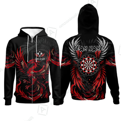 Custom Darts Team Zip Hoodie, Phoenix Dartboard Wings Darts Jersey Zip Hoodie, Custom Name And Team Name Darts Uniforms Jersey