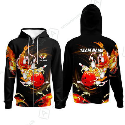 Customized Bowling Zip Hoodie, Bowling Ball & Pins Breath Of Thunder Flame Multicolor Option, Perfect Outfit For Bowlers