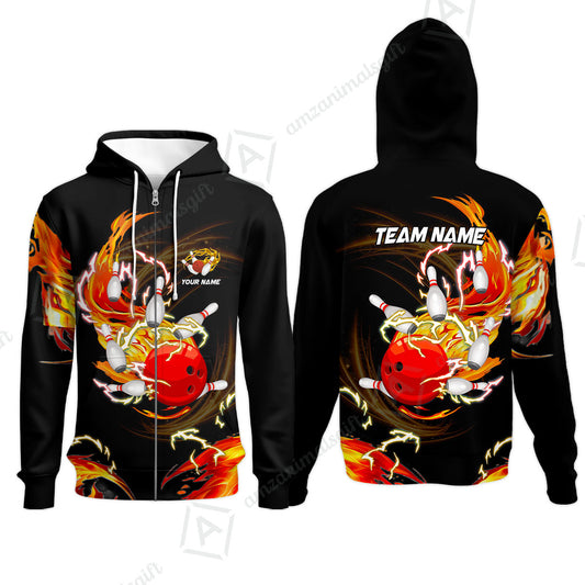 Customized Bowling Zip Hoodie, Bowling Ball & Pins Breath Of Thunder Flame Multicolor Option, Perfect Outfit For Bowlers