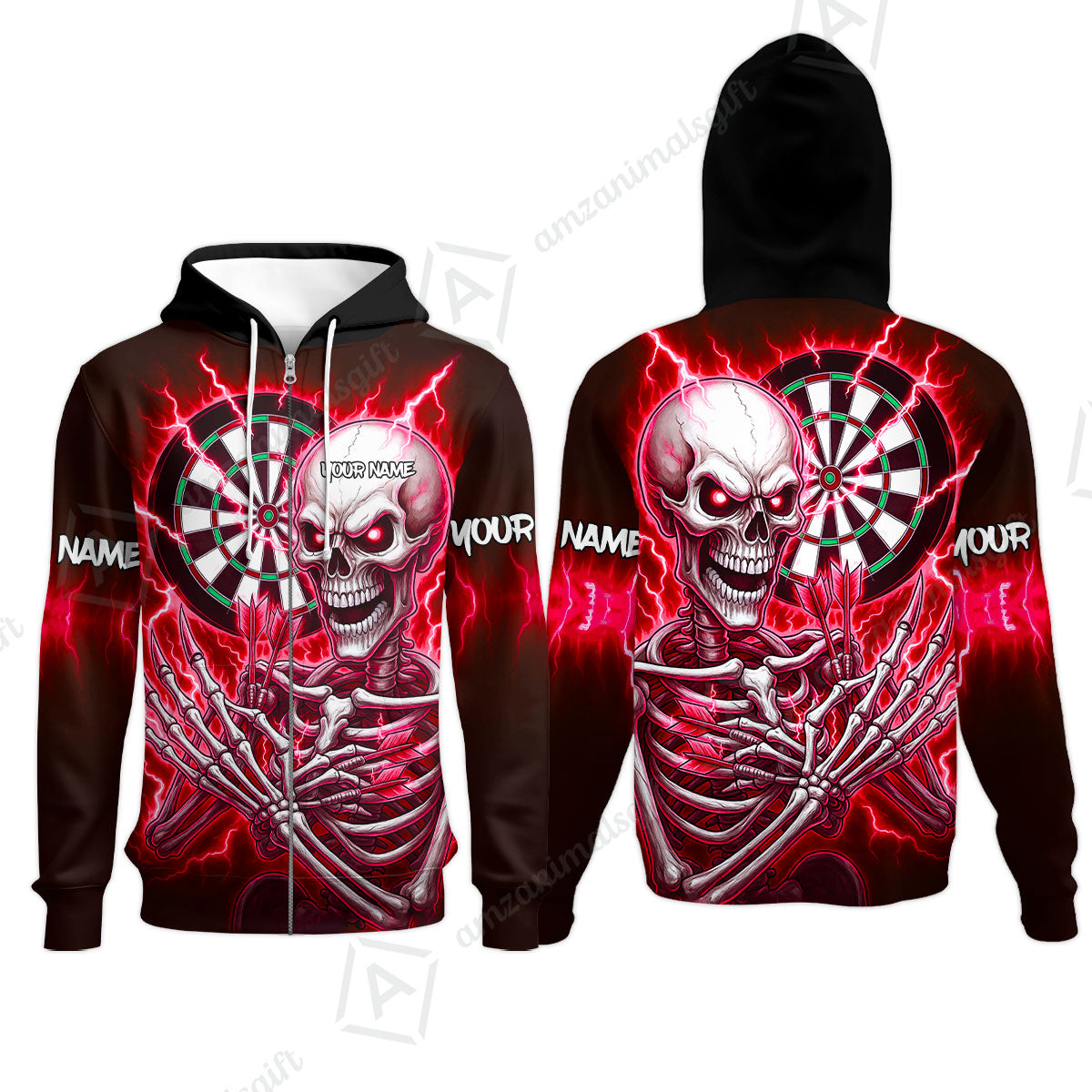 Custom Darts Team Zip Hoodie, Dartboard Electric Skeleton Darts Jersey Zip Hoodie, Custom Darts Uniforms Jersey