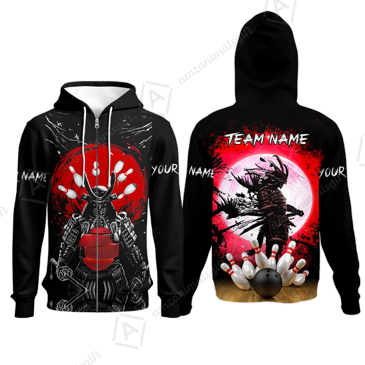 Custom Bowling Team Jerseys Polo Shirts, Bowling uniforms Ball And Pins Samurai Multicolor Options Personalized Name And Team Name