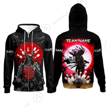 Custom Bowling Team Jerseys Polo Shirts, Bowling uniforms Ball And Pins Samurai Multicolor Options Personalized Name And Team Name