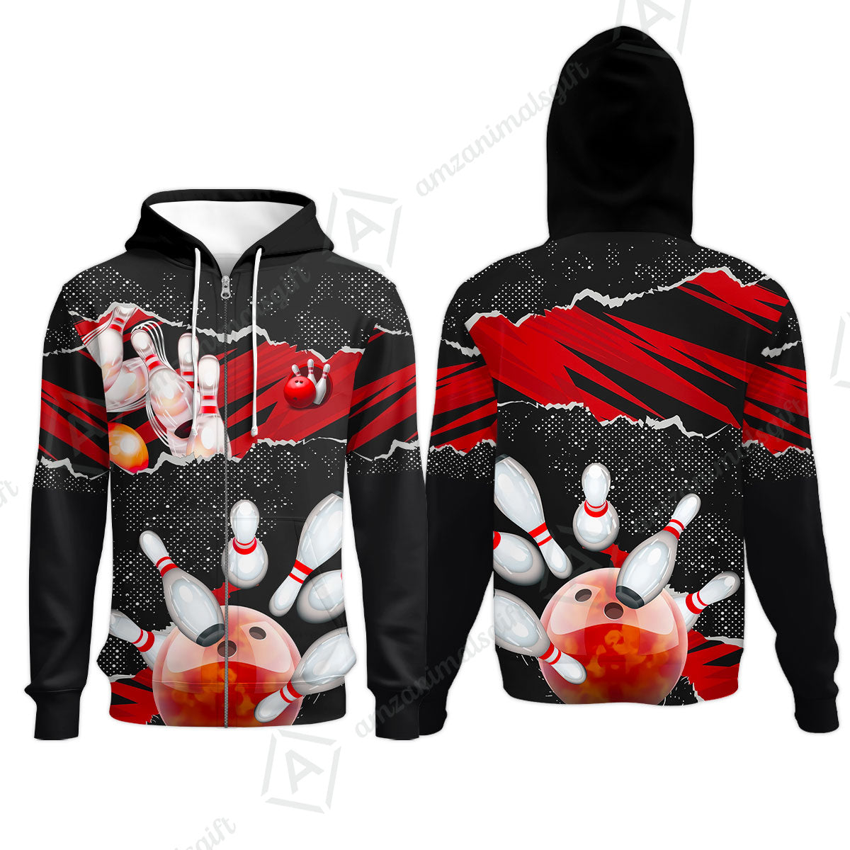 Personalized Bowling Zip Hoodie, Bowling Uniforms Ball & Pins Sport Pattern Custom Name And Team Name For Bowlers