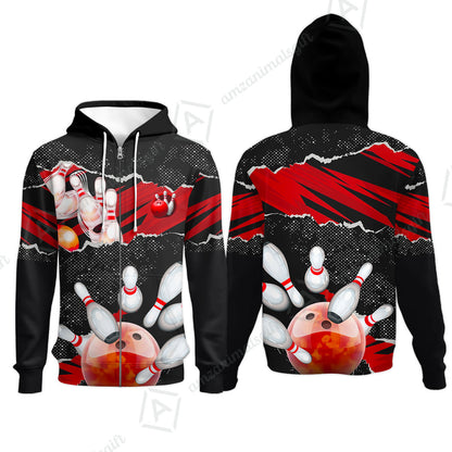 Personalized Bowling Zip Hoodie, Bowling Uniforms Ball & Pins Sport Pattern Custom Name And Team Name For Bowlers