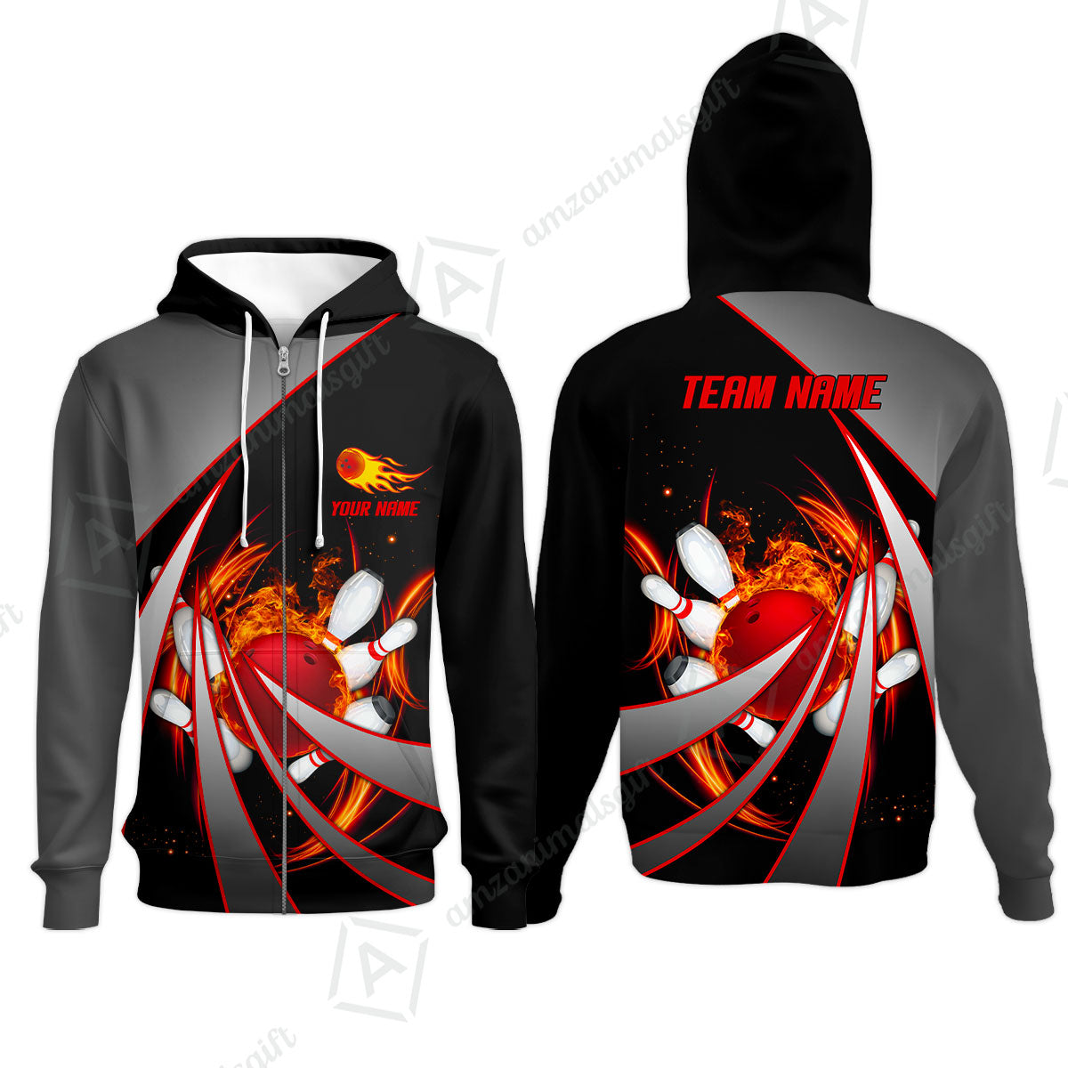 Customized Bowling Unisex Polo, Flame Bowling And Pins Tornado Pattern Multicolor Option Customized Name Zipper Polo Jerseys Shirts