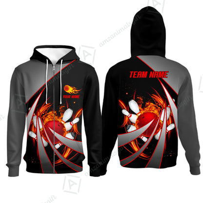 Customized Bowling Unisex Polo, Flame Bowling And Pins Tornado Pattern Multicolor Option Customized Name Zipper Polo Jerseys Shirts