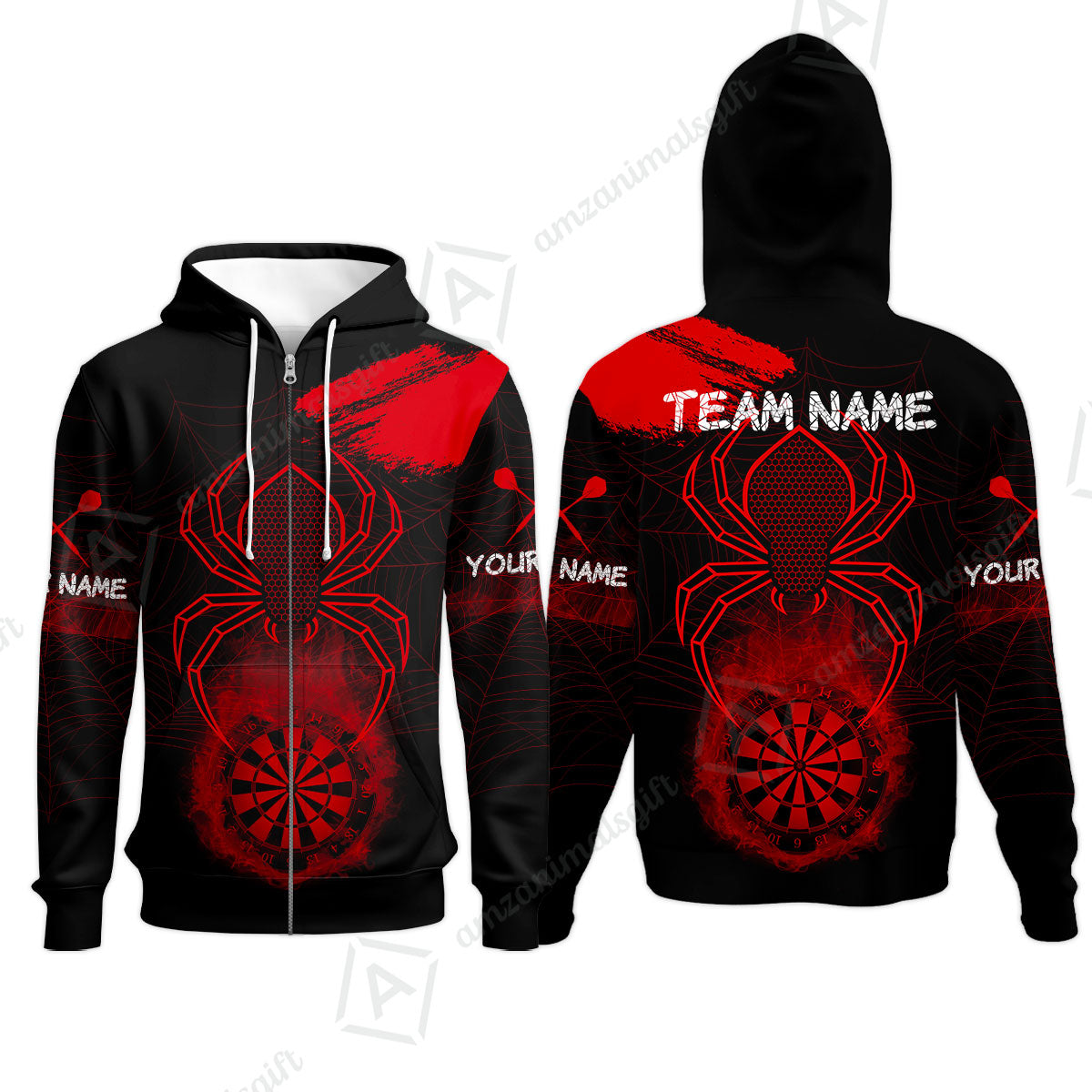 Customized Darts Zip Hoodie, Darts Spider Men's Grunge Darts Smoke Dartboard Zip Hoodie for Darts Players