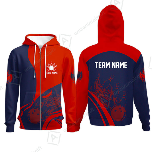 Customized Bowling Zip Hoodie, Flame Bowling Multicolor Custom Team Uniform Zip Hoodie, Jersey for Bowlers
