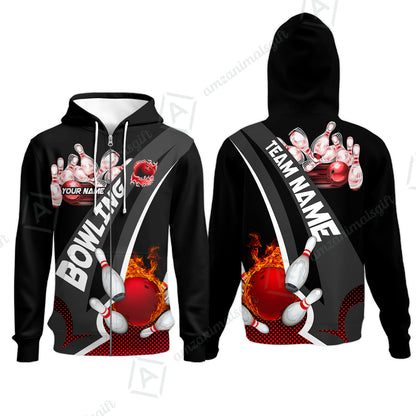 Customized Bowling Polo, Bowling And Pins Plame Premium Multicolor Option Personalized Name And Team Zipper Polo Jerseys Shirts