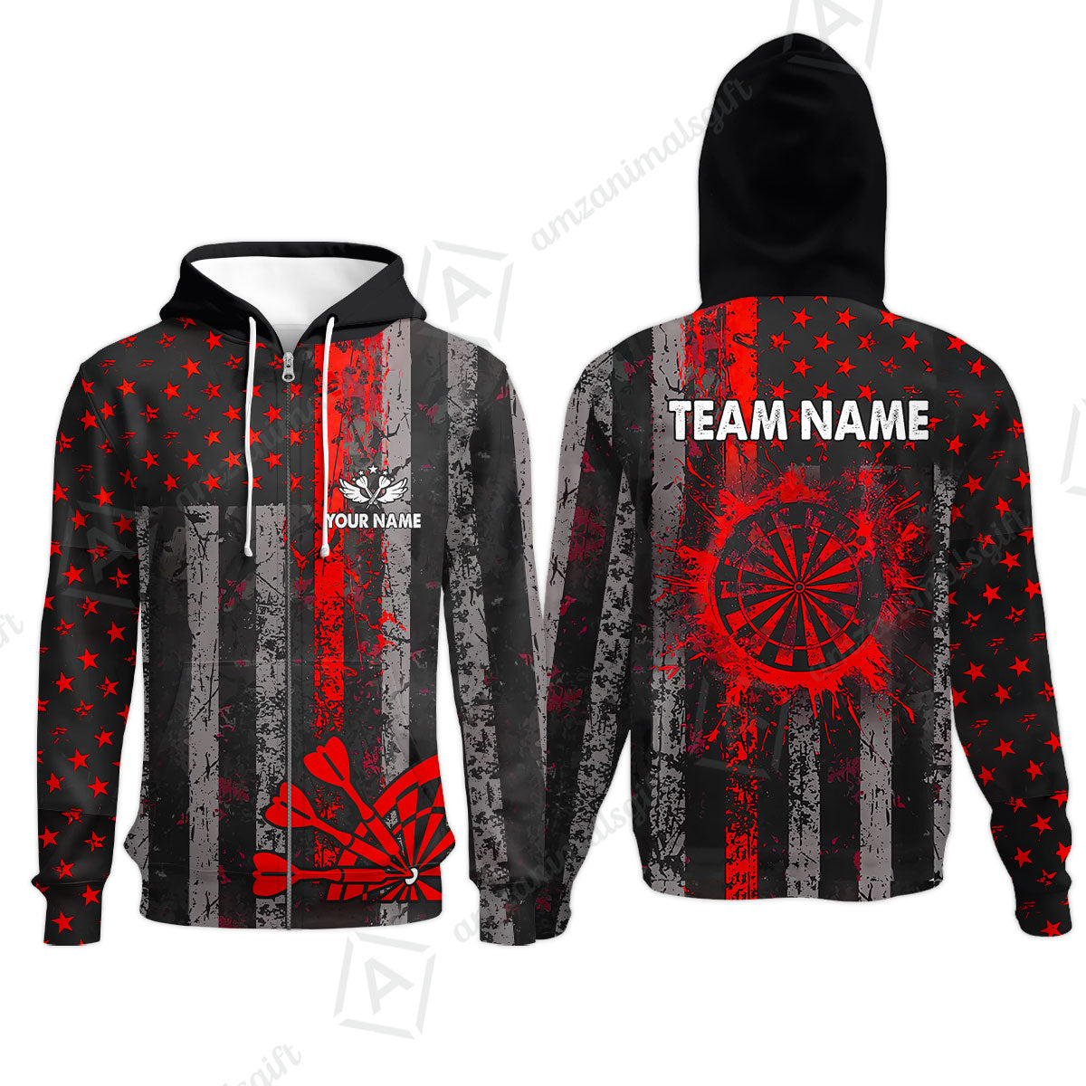 Customized Darts Zip Hoodie, Turquoise Grunge US Flag Patriotic Darts Zip Hoodie Jersey for Darts Players
