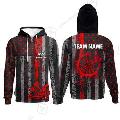 Customized Darts Zip Hoodie, Turquoise Grunge US Flag Patriotic Darts Zip Hoodie Jersey for Darts Players