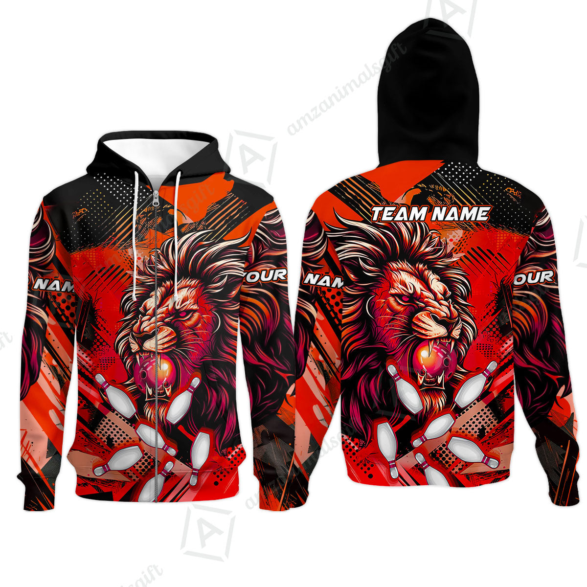 Custom Bowling Team Jerseys Shirts, Bowling uniforms Ball & Pins Lion Pattern Personalized Name And Team Name