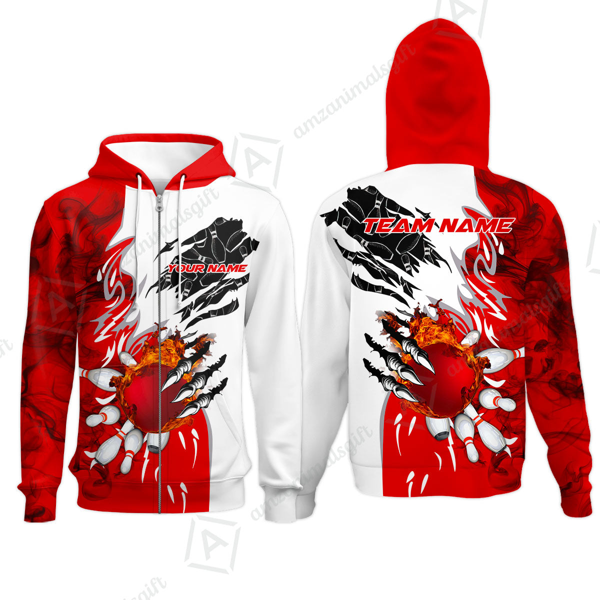 Customized Bowling Zip Hoodie, Bowling And Pins Plame Monster Hand Premium Multicolor Option Personalized Name And Team Zipper Polo Jerseys Shirts