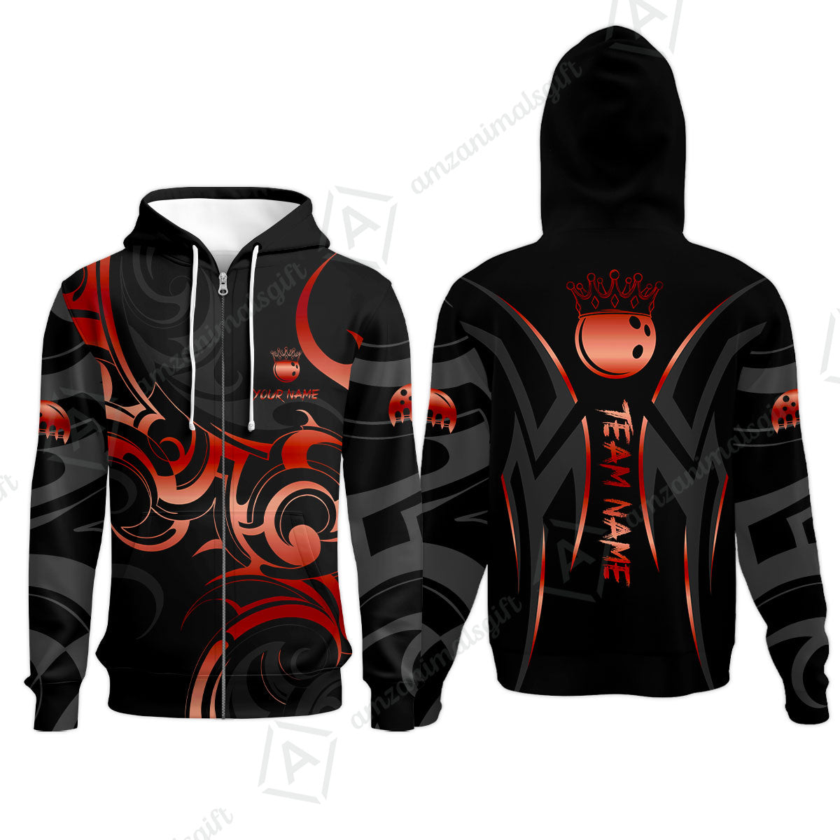 Customized Bowling Team Zip Hoodie, Bowling Swirling Fire Flames Gold And Black Style Polo Shirt For Bowlers