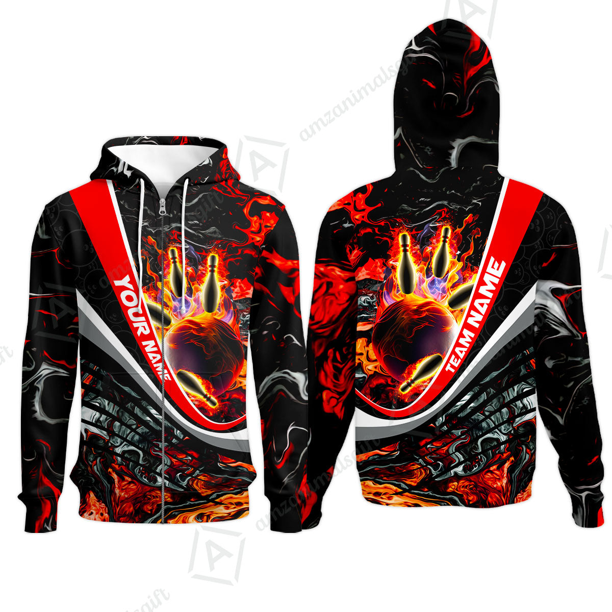 Customized Bowling Polo, Flaming Magma Bowling And Pins Multicolor Option Customized Name Team Name For Bowling Team Shirts