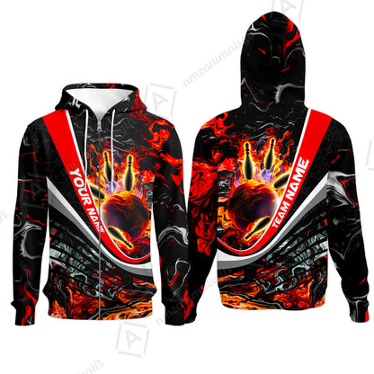 Customized Bowling Polo, Flaming Magma Bowling And Pins Multicolor Option Customized Name Team Name For Bowling Team Shirts