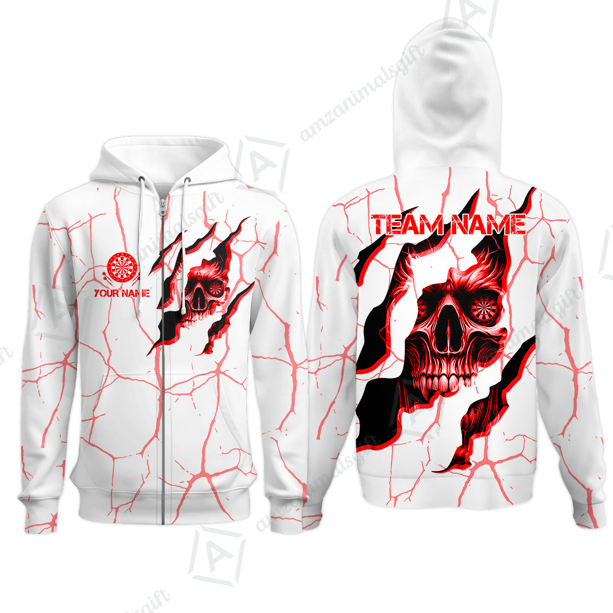 Customized Darts Zip Hoodie, Torn-Up Skull Dartboard Eyes Darts Zip Hoodie Team Style Jersey for Darts Players