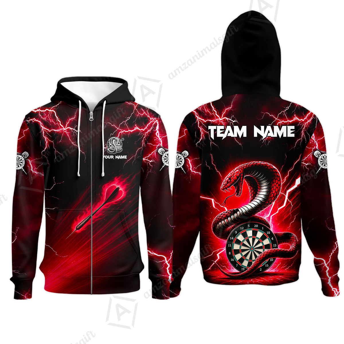 Customized Darts Zip Hoodie, Darts Thunder Lightning Cobra Snake Multicolor Zip Hoodie For Darts Player