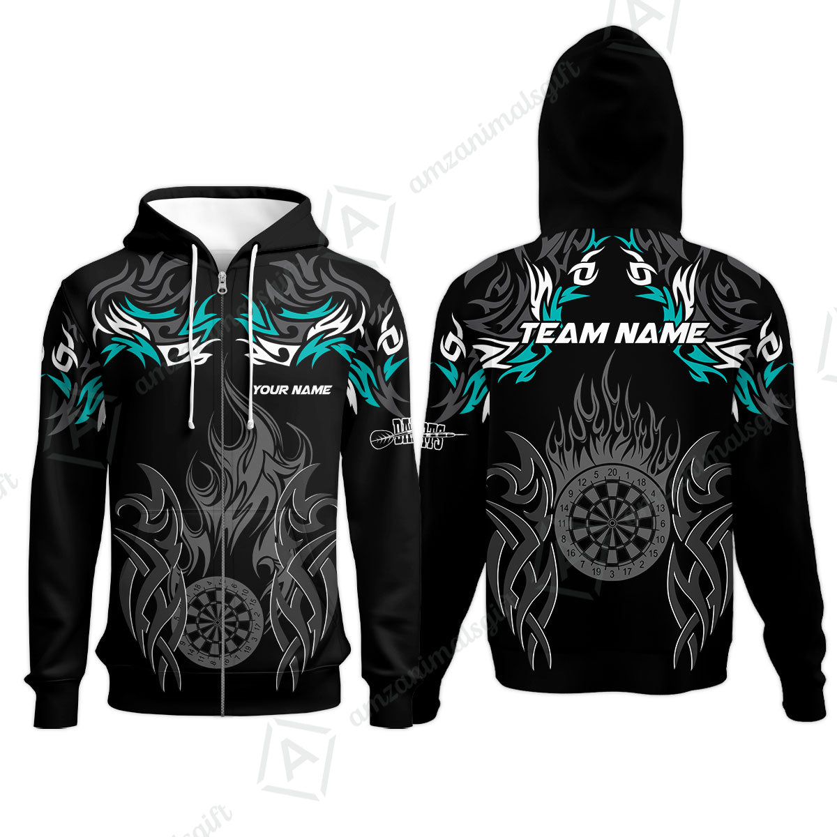 Customized Darts Zip Hoodie, Dartboard Fire Flame Darts Zip Hoodie Multicolor Team Style, Jersey for Darts Players