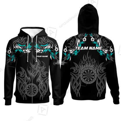 Customized Darts Zip Hoodie, Dartboard Fire Flame Darts Zip Hoodie Multicolor Team Style, Jersey for Darts Players
