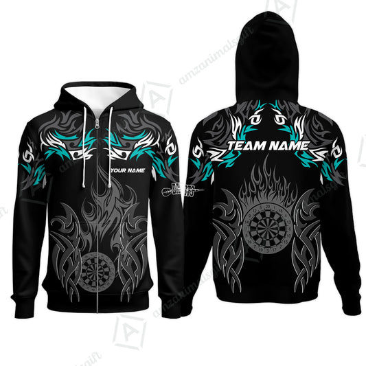 Customized Darts Zip Hoodie, Dartboard Fire Flame Darts Zip Hoodie Multicolor Team Style, Jersey for Darts Players
