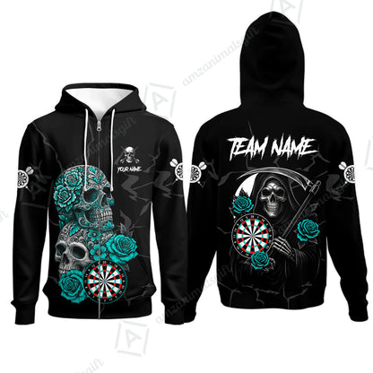 Customized Darts Zip Hoodie, Darts Turquoise Skull Roses Dartboard Zip Hoodie Style Jersey for Darts Players
