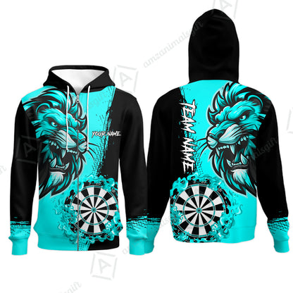 Custom Turquoise Funny Darts Team Unisex Polo Shirts, Darts uniforms Flame Lion Pattern Personalized Name And Team Name