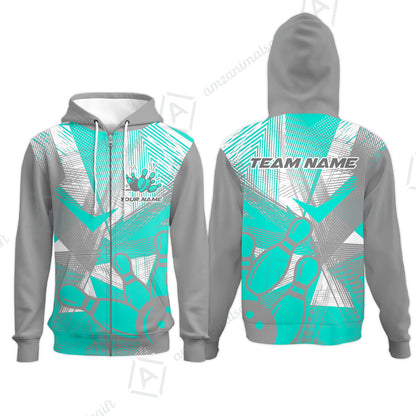 Customized Bowling Zip Hoodie, Bowling Ball And Pins Esports Pattern Zip Hoodie Uniform For Bowlers