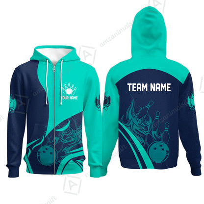 Customized Bowling Zip Hoodie, Flame Bowling Multicolor Custom Team Uniform Zip Hoodie, Jersey for Bowlers