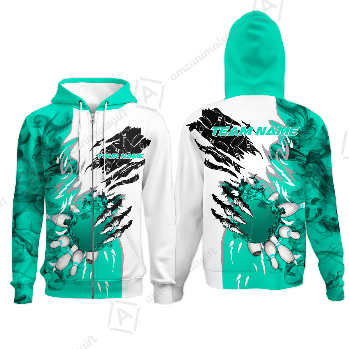 Customized Bowling Zip Hoodie, Bowling And Pins Plame Monster Hand Premium Multicolor Option Personalized Name And Team Zipper Polo Jerseys Shirts