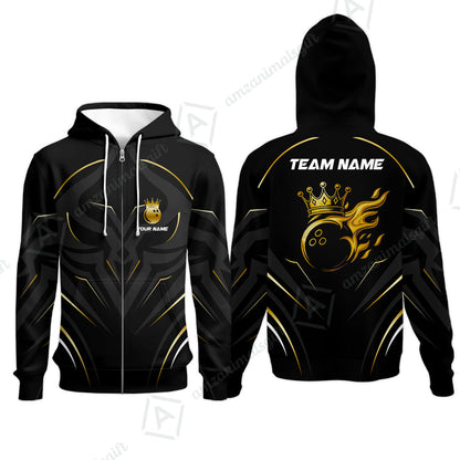 Customized Bowling Zip Hoodie, Custom Crown Bowling Uniform Hawaiian Jersey, Multicolor Team Style Jersey for Bowlers