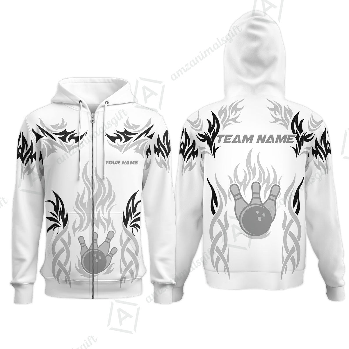 Personalized Bowling Team Zip Hoodie, Tribal And Bowling Flame Multi Option Customized Polo Shirt - White