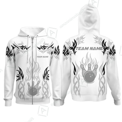Personalized Bowling Team Zip Hoodie, Tribal And Bowling Flame Multi Option Customized Polo Shirt - White