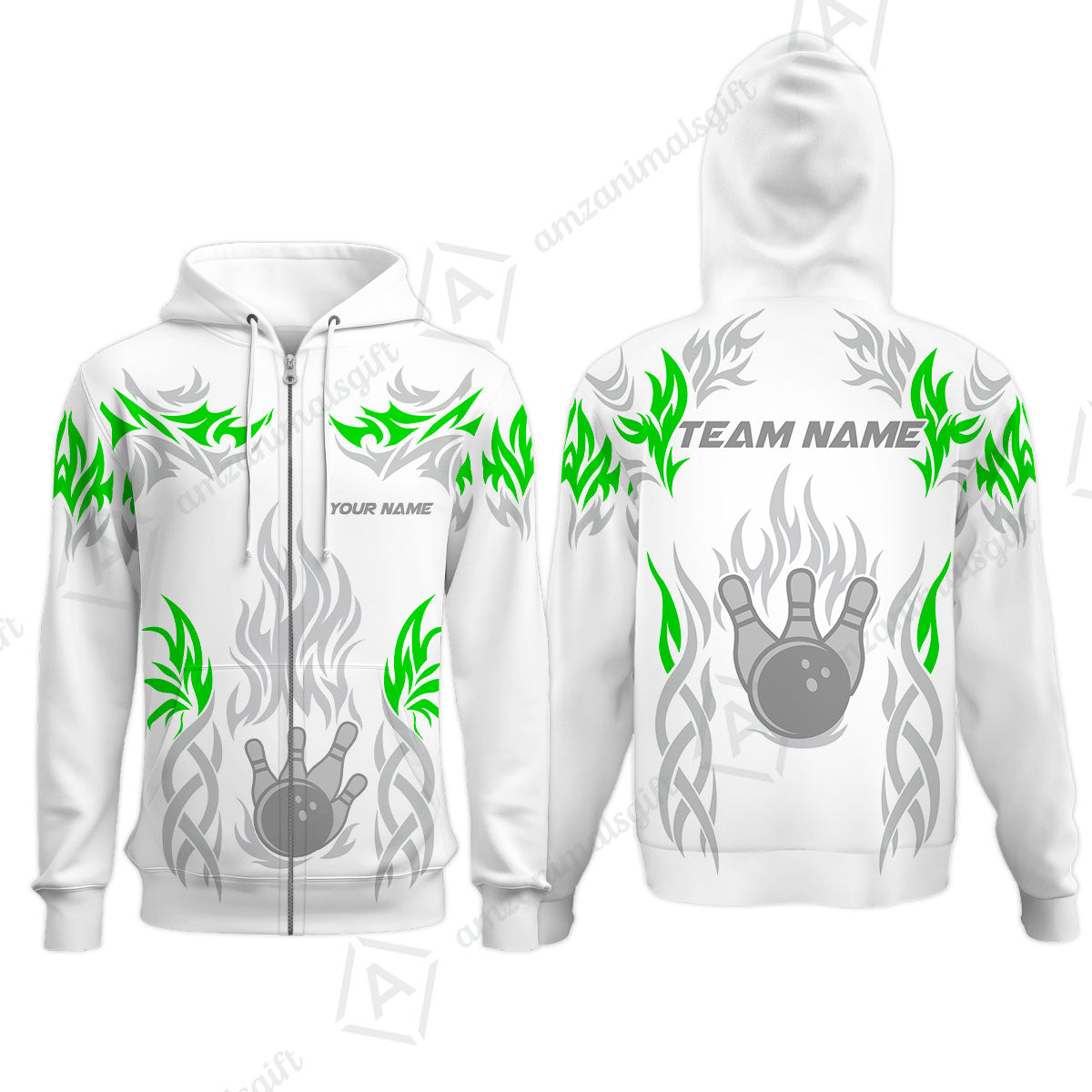 Personalized Bowling Team Zip Hoodie, Tribal And Bowling Flame Multi Option Customized Polo Shirt - White