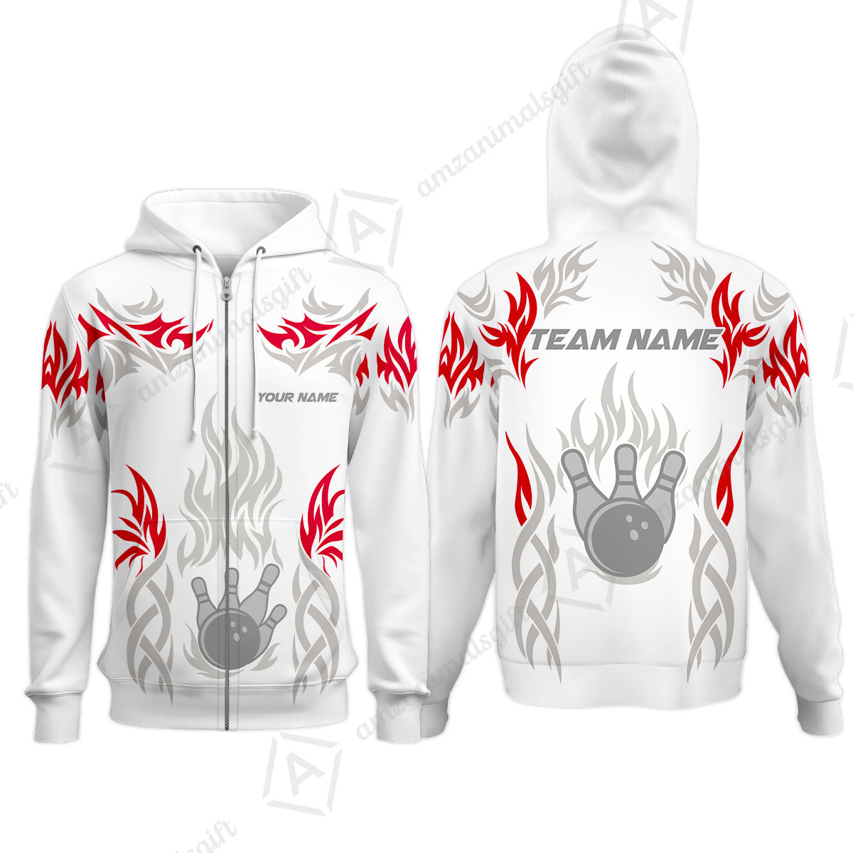 Personalized Bowling Team Zip Hoodie, Tribal And Bowling Flame Multi Option Customized Polo Shirt - White