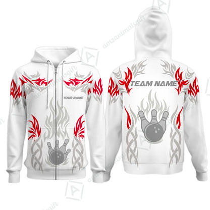 Personalized Bowling Team Zip Hoodie, Tribal And Bowling Flame Multi Option Customized Polo Shirt - White