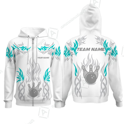 Personalized Bowling Team Zip Hoodie, Tribal And Bowling Flame Multi Option Customized Polo Shirt - White