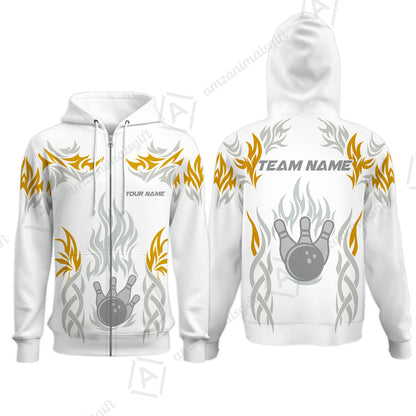 Personalized Bowling Team Zip Hoodie, Tribal And Bowling Flame Multi Option Customized Polo Shirt - White