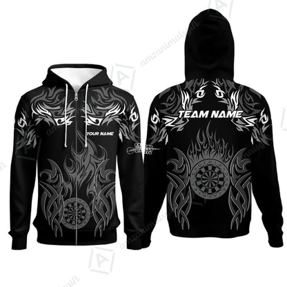 Customized Darts Zip Hoodie, Dartboard Fire Flame Darts Zip Hoodie Multicolor Team Style, Jersey for Darts Players