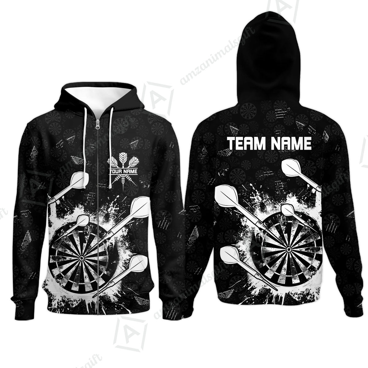 Customized Darts Zip Hoodie, Darts Grunge Dartboard Zip Hoodie Team Style Jersey for Darts Players