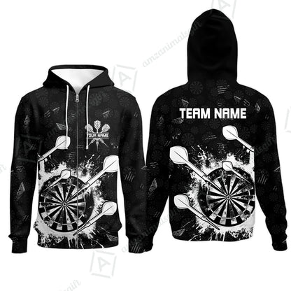 Customized Darts Zip Hoodie, Darts Grunge Dartboard Zip Hoodie Team Style Jersey for Darts Players
