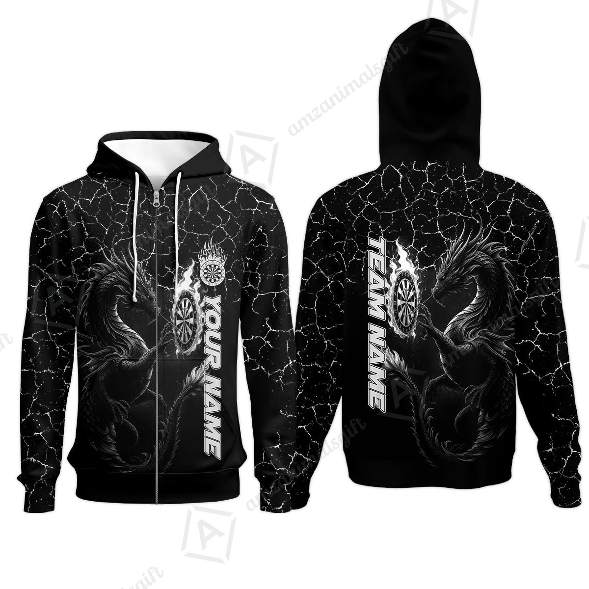 Customized Darts Zip Hoodie, Big Dragon Dartboard Flame Darts Zip Hoodie Team Style Jersey for Darts Players