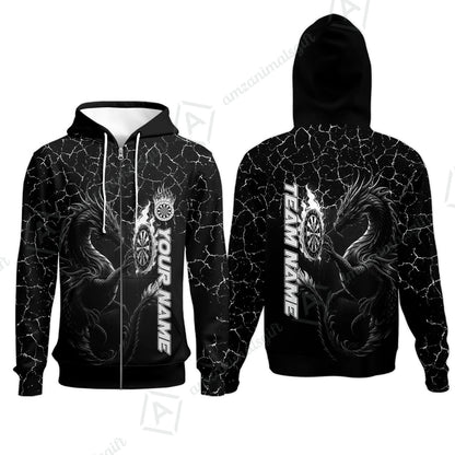 Customized Darts Zip Hoodie, Big Dragon Dartboard Flame Darts Zip Hoodie Team Style Jersey for Darts Players