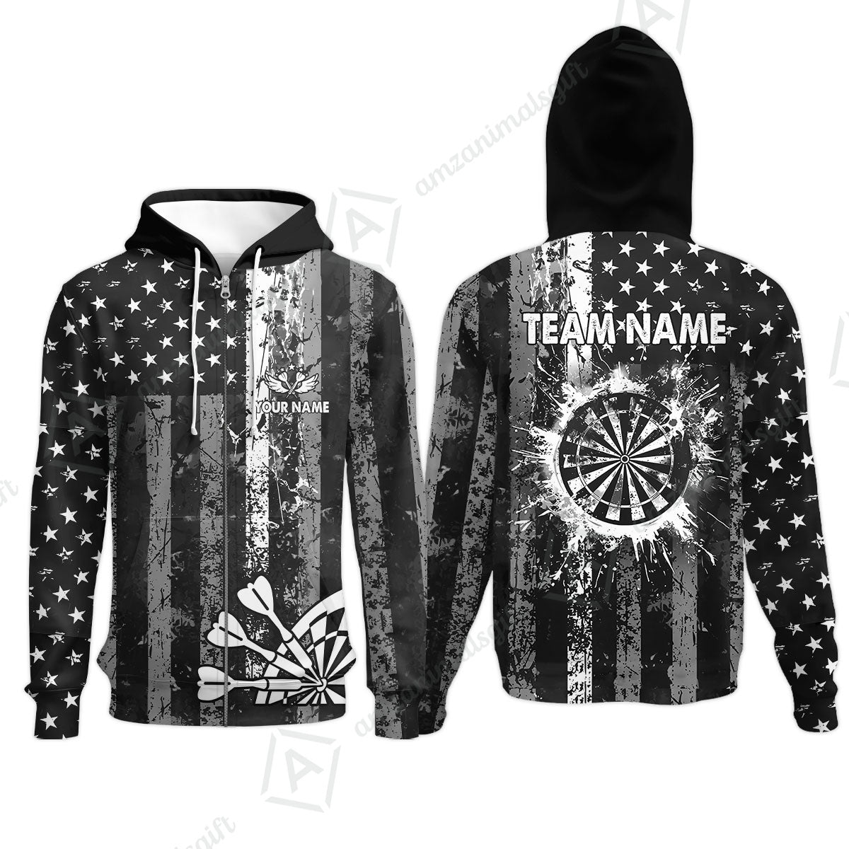 Customized Darts Zip Hoodie, Turquoise Grunge US Flag Patriotic Darts Zip Hoodie Jersey for Darts Players